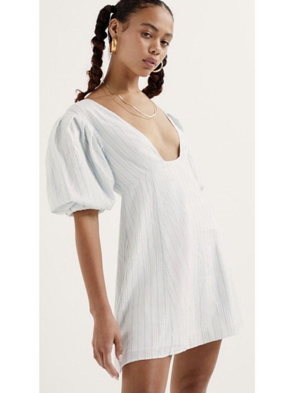 For Love & Lemons Leslie Mini Dress Blue Lurex Stripe Puff Sleeve Size S